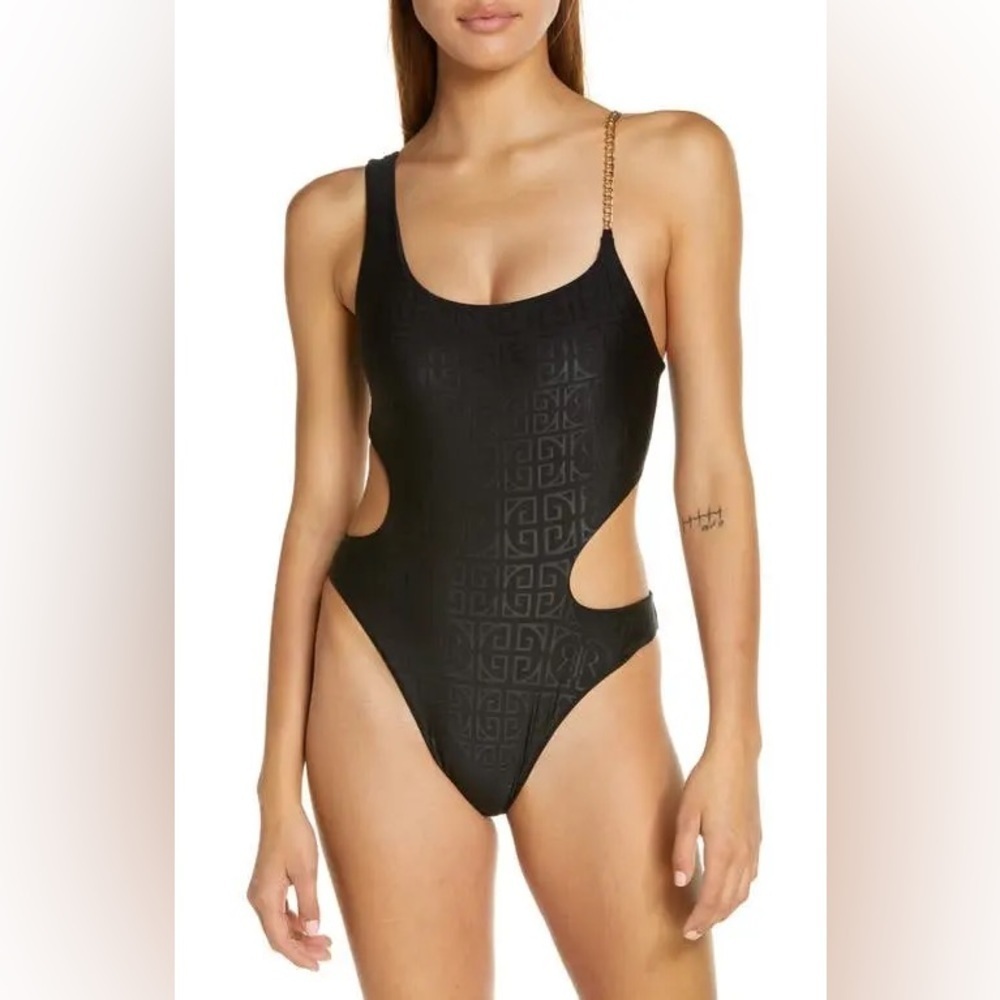 River Island Black & Gold Monogram Cutout Chain Strap One Piece Swimsuit 6